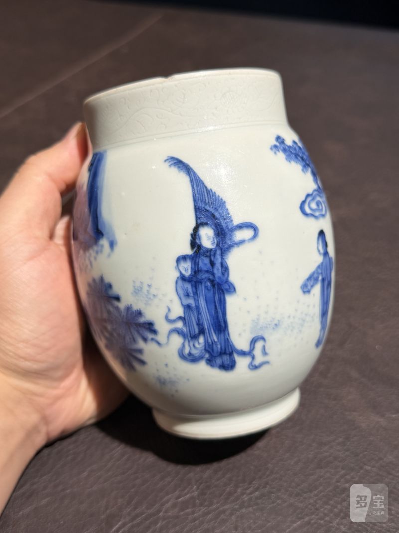 明崇祯 青花“宫妃图”莲子罐 - 图3